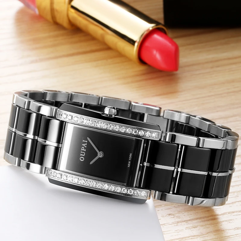 OUPAI Fashion Square Ceramic Women Watch Rectangle Sapphire Swiss move Watch Lady Water Resistance Diamond Fashion Watch Woman