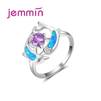 

Fine Quality Purple Crystal Wedding Rings 925 Sterling Silver Opal Ring For Women Double Dolphin Pattern Kid Party Bijoux