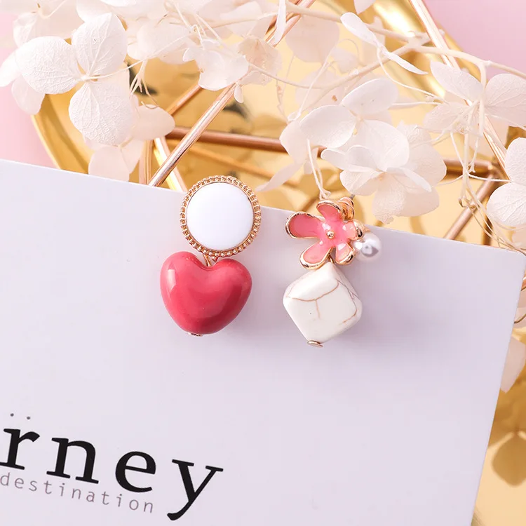 

MENGJIQIAO 2018 New Korean Fashion Accessories Square Heart Stone Asymmetric Earrings For Women Sweety Flower Drop Brincos