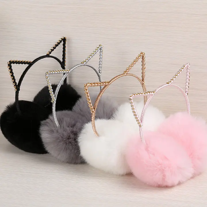 Обувь для девочек для женщин повязка на голову горный хрусталь наушники плюшевые мех животных милые в форме кошки для зимние теплые