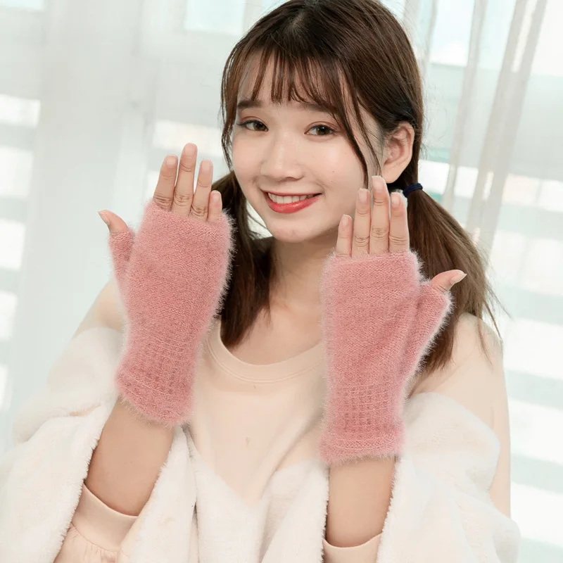 

Lovely Female Winter Knit Wool Thicker Cashmere Velvet Warm Black Fingerless Mittens Cute Women Half Finger Gloves Guantes B31