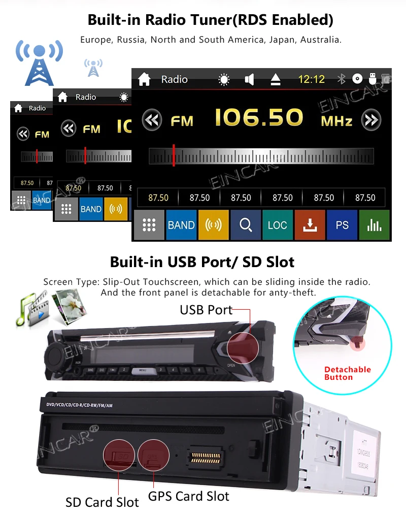 Perfect Car Headunit Audio Stereo with Bluetooth Hands-Free Calling USB/SD Ports AUX Input AM/FM/RDS Radio Receiver+Backup Camera+GPS 1