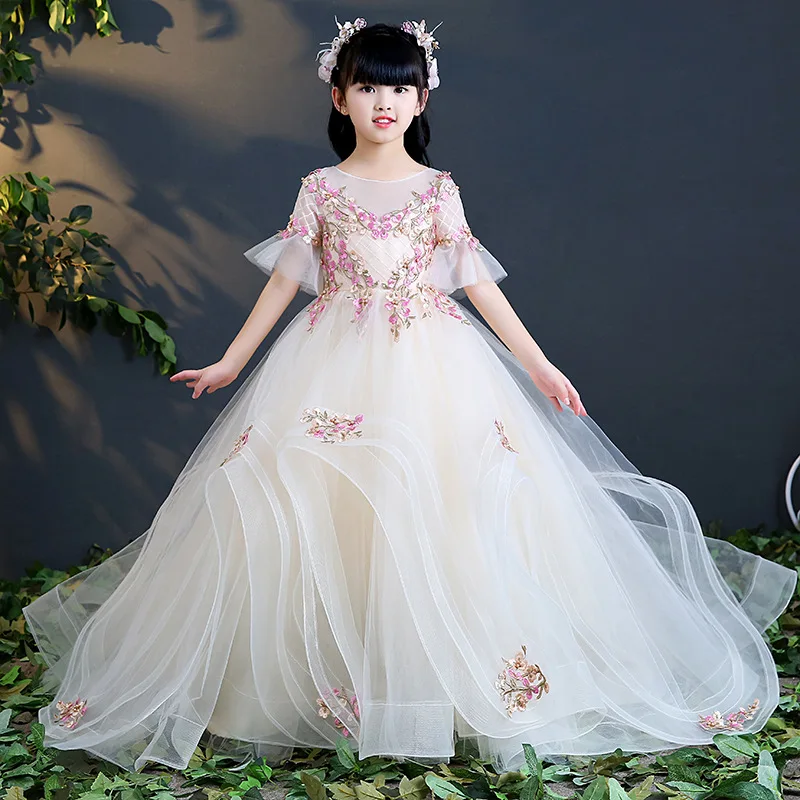 

Embroidery Holy Communion Dress Flare Sleeve Princess Dress Birthday Ball Gown Flower Girl Dresses for Wedding Long Trailing K55