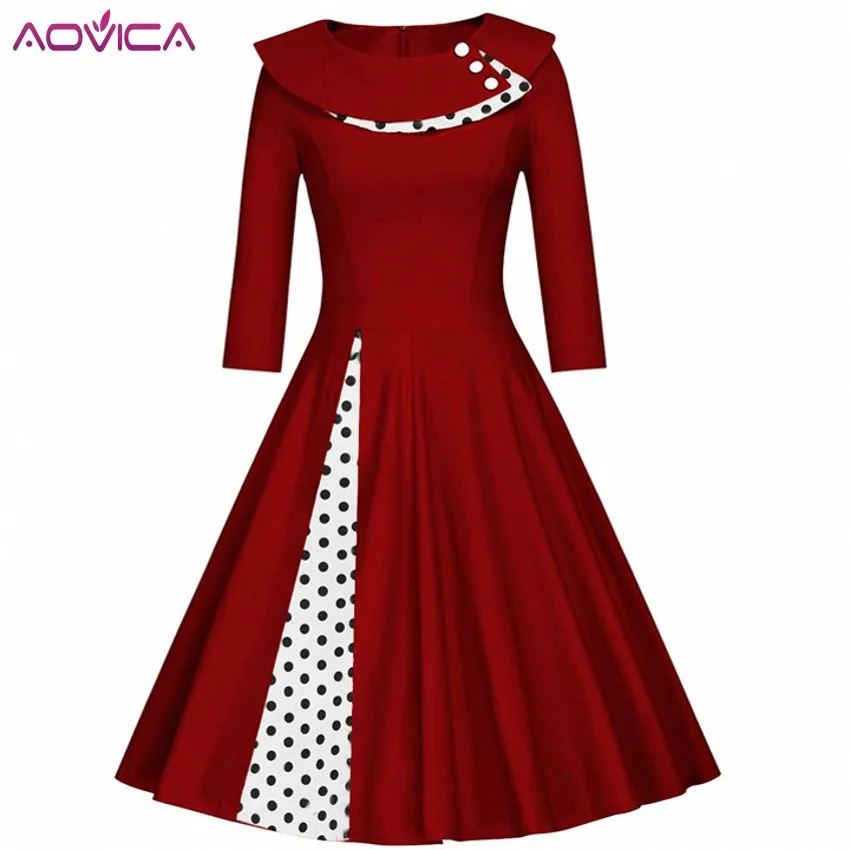 Vintage Hepburn Dress Dot Print Patchwork Midi Dresses For Women