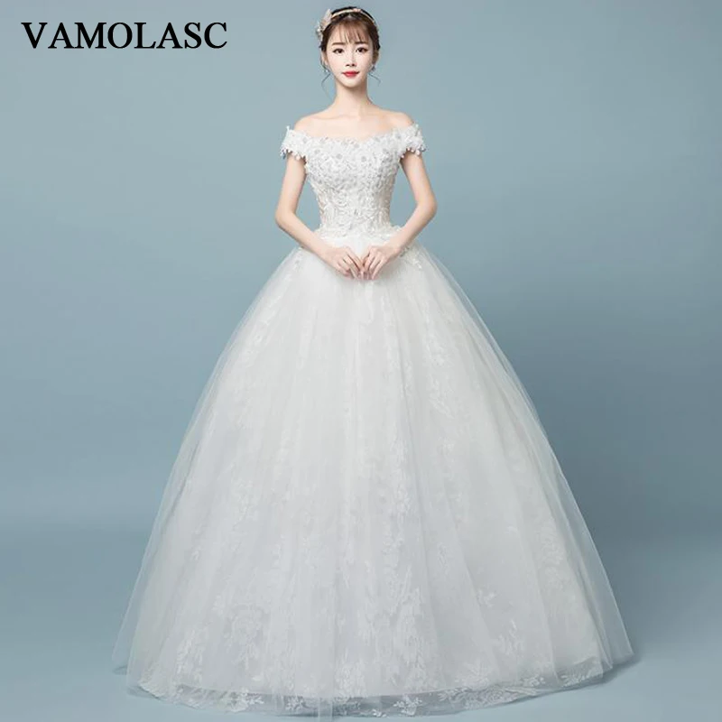 

VAMOLASC Pearls Boat Neck Ball Gown Lace Flowers Appliques Wedding Dresses Off The Shoulder Backless Bridal Gowns