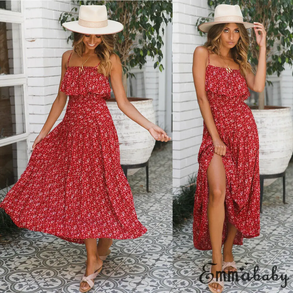 

Women Summer Boho Casual Spaghetti Strap Spinning Down Shoes Long Maxi Evening Party Cocktail Beach Split Dress Summer Dress