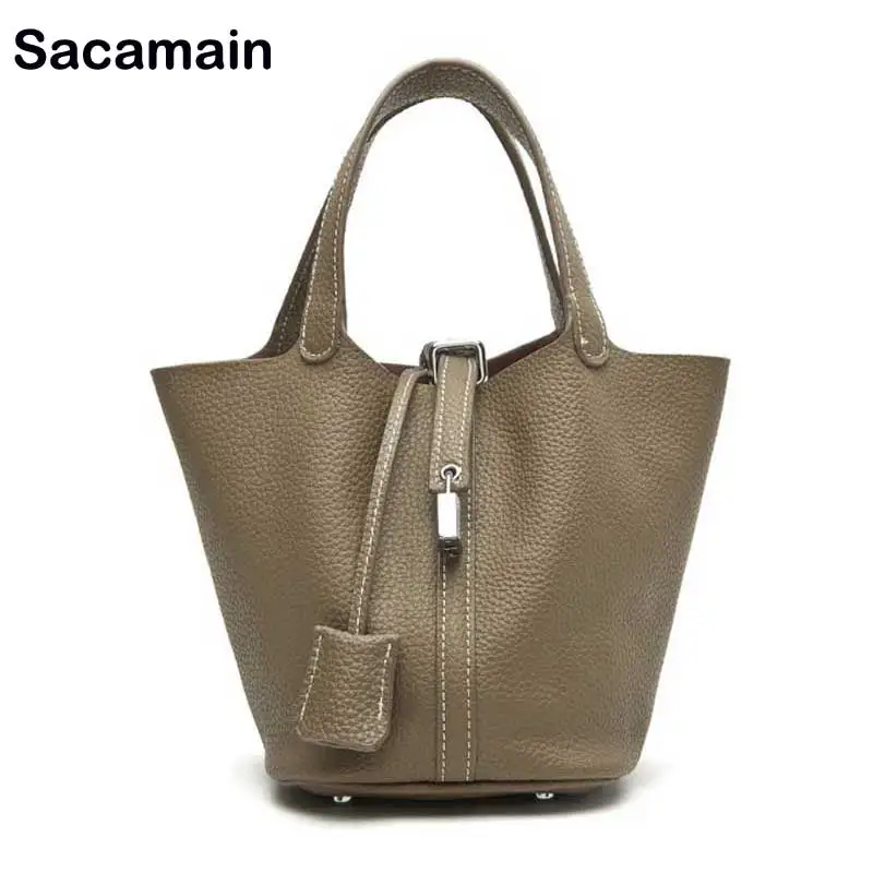 

Brand Genuine Leather Bucket Bag Luxury Handbag Women Bags Designer 2018 Tote Leather Handles For Handbags Shoping Bag