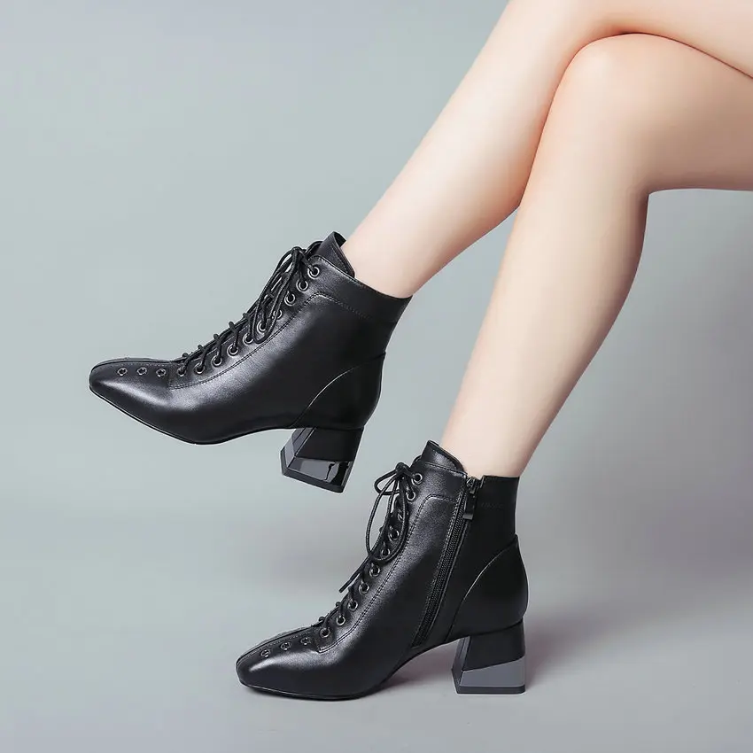 QUTAA/; Модные Качественные ботильоны из коровьей кожи с квадратным носком; женские ботинки на молнии со шнуровкой; зимняя обувь на квадратном каблуке; размеры 34-43