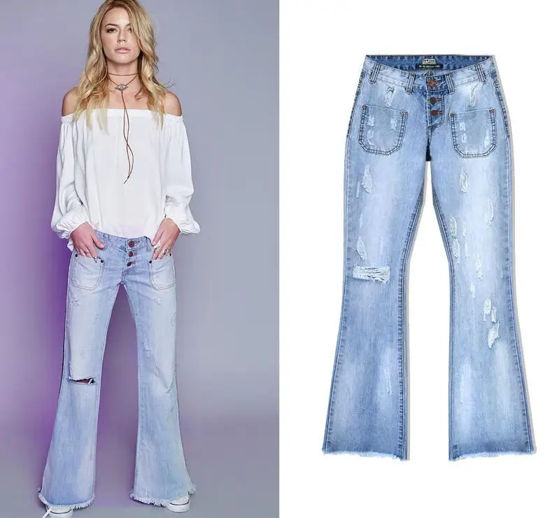 SupSindy горячая женщина джинсы в европейском стиле винтаж брюки синие прямые широкие рваные джинсы для женщин клеш джинсовые мотобрюки