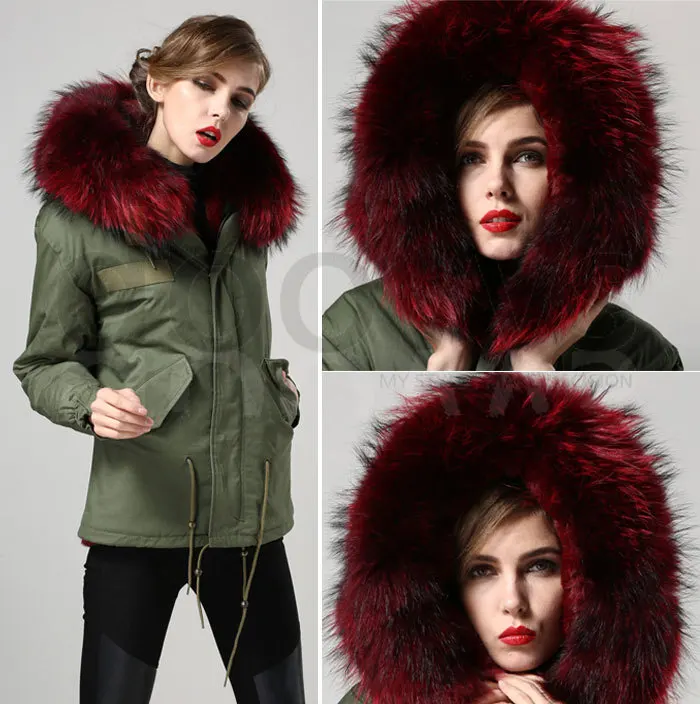 Buy wine red Warm Winter fur elegant collar coat, Slim Wine Lining Mrs furs