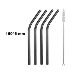 Mini Rainbow Stainless Steel Reusable Fruit Juice Straws - Set of 4 with Cleaning Brush (Black 160mmx6mm)