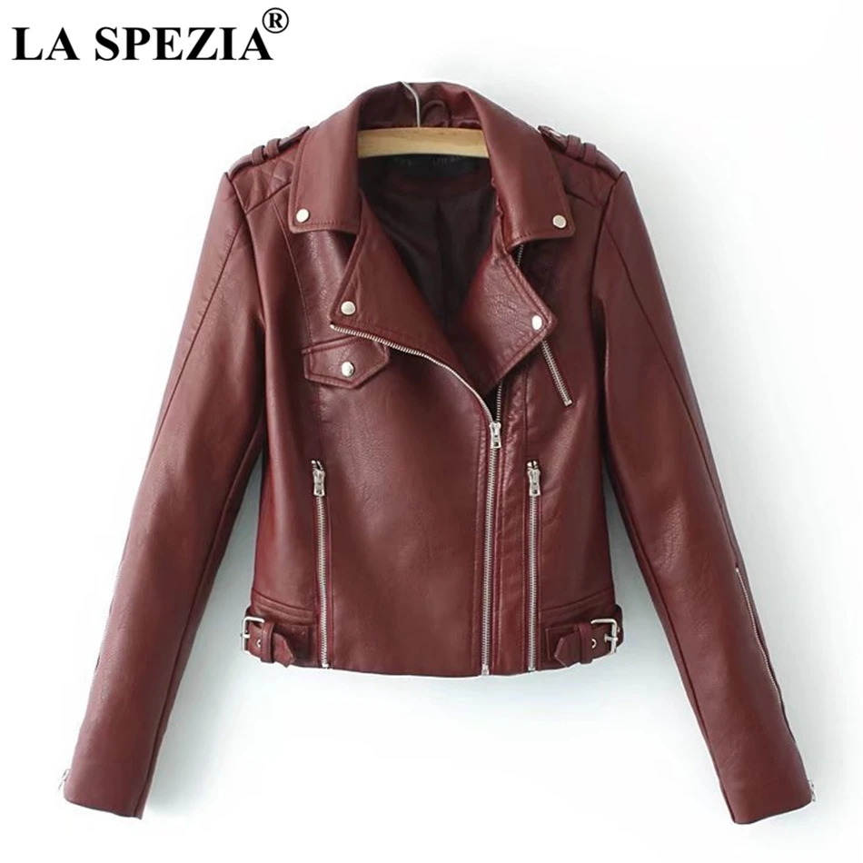 LA SPEZIA Black Jacket For Women Biker Rock Leather Jacket With Belt Female Zippers Pockets Motorcycle Slim Fit Punk Autumn Coat