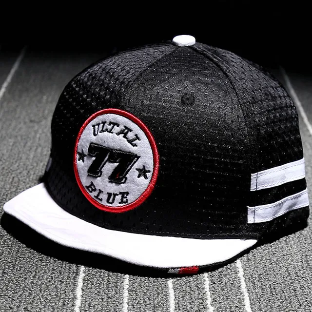 Number 77 Embroidery Hiphop Baseball Cap Black Stripe Ventilate Mesh