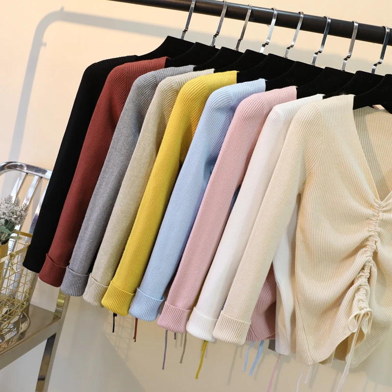 Casual Lace Up Knitted Sweater Women Skinny Slim Knitting Pull Femme Jumper Crop Top Winter Sweater Tricot Pullover Candy Colors (2)