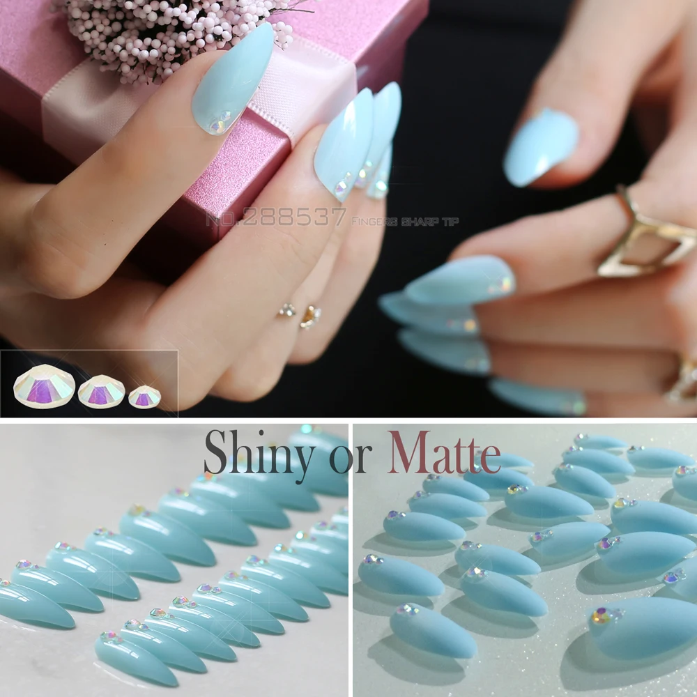 

Matte Blue Press On Nails Bling Nail Art False Short Pointed Soft fake stiletto nails shiny sky blue full cover with stickers