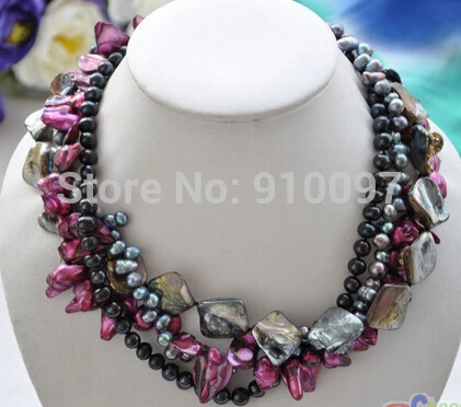 

54143>>>> 4row 18" BLACK BAROQUE RICE FRESHWATER PURPLE tail pearl SHELL necklace