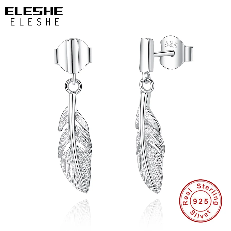 ELESHE Genuine Real 925 Sterling Silver Feather Leaf Earrings For Women Fashion Stud Earrings Brincos Femme Mother's day Gift