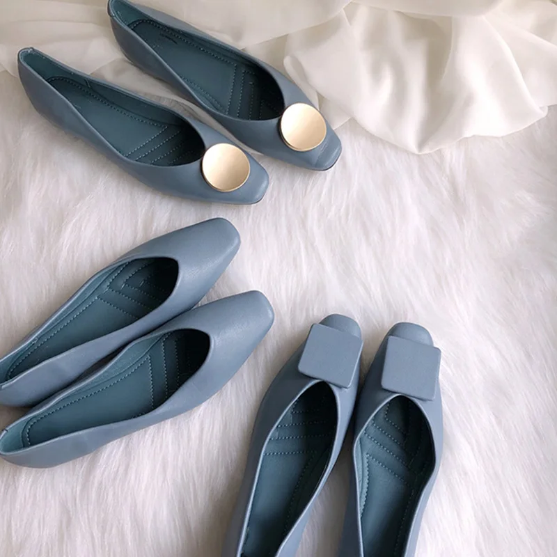 

Boussac Round Metal Buckle Women Flats Vintage Square Toe Flats Shoes Women Elegant Solid Blue Shoes Women SWC0733
