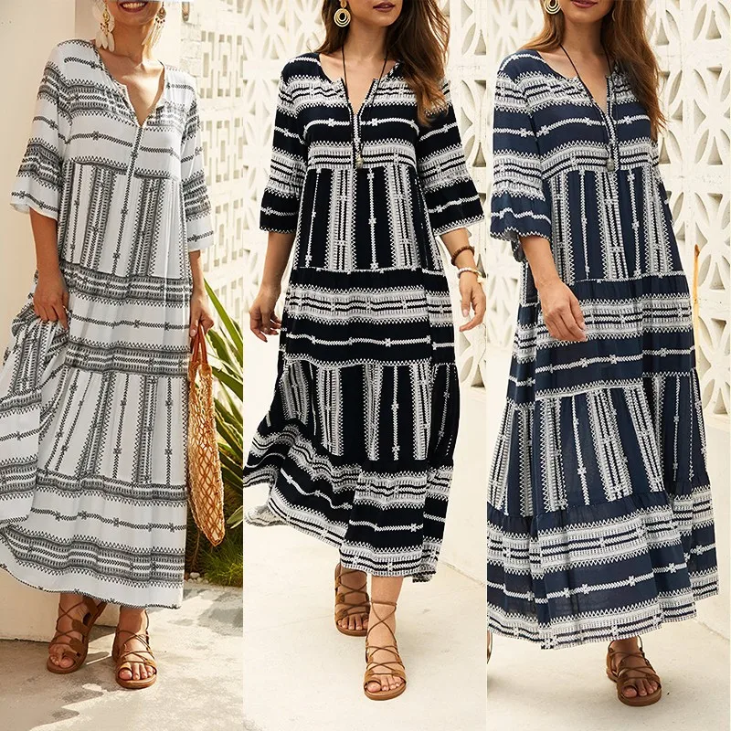 

Kaftan Women's Summer Sundress ZANZEA 2019 Bohemian Printed Maxi Dress V-Neck Long Vestidos Female Flare Sleeve Robe Oversized