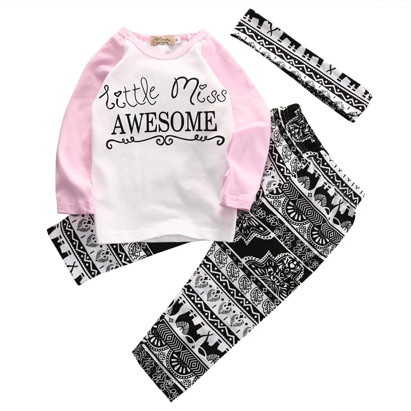 Детский комплект одежды Детская футболка для маленьких девочек надпись и цветочный проект Легинсы Головная повязка 3 предмета комплект
