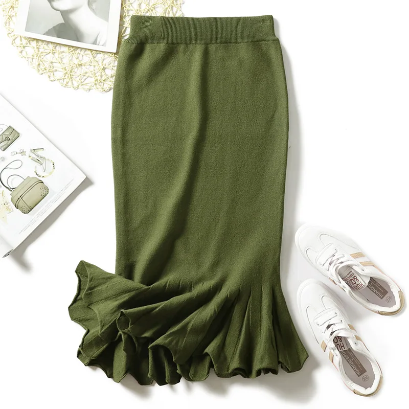 

High Waist Stretch Mermaid Long Skirts For Ladies Elegant Slim Knitted Ruffle Skirt Women Winter Green Black Wool Pencil Skirt