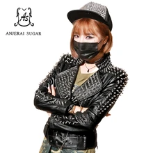 Куртка из искусственной кожи, Женская куртка, черная короткая тонкая куртка с заклепками на молнии, мотоциклетная куртка с отложным воротником, женская короткая куртка из искусственной кожи с заклепками в стиле рок