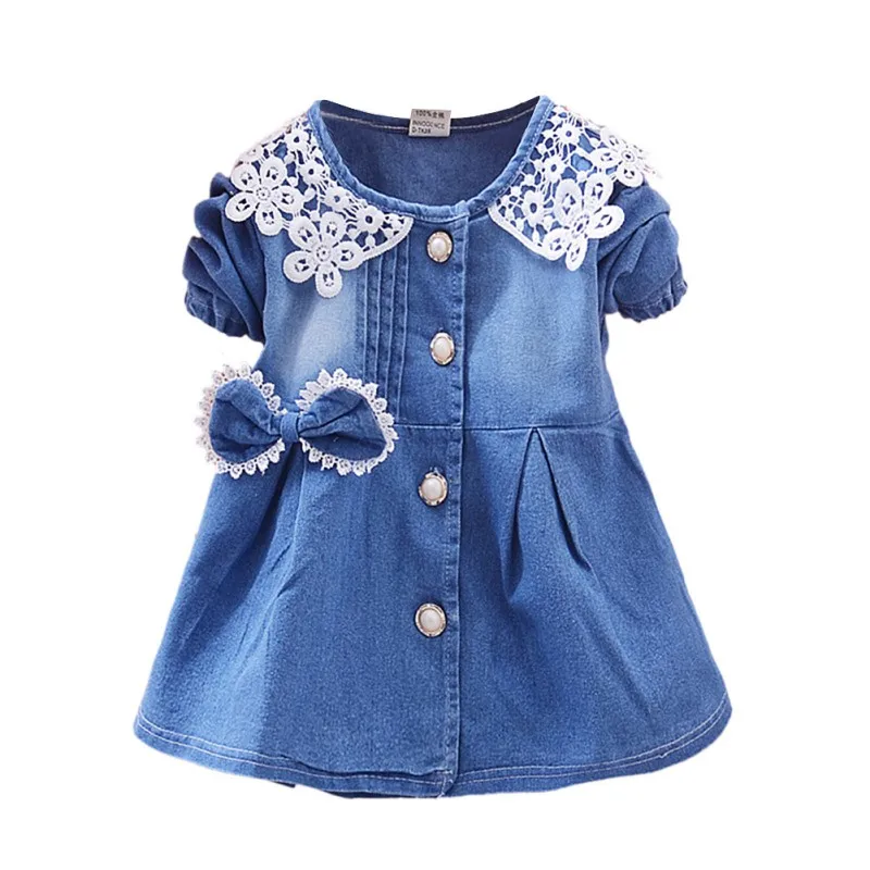 

Sweet Girl Spring Autumn Children Denim Baby Girls Lace Mesh Lace Patchwork Bowknot Cute Long Sleeve Dress Blue Color j2