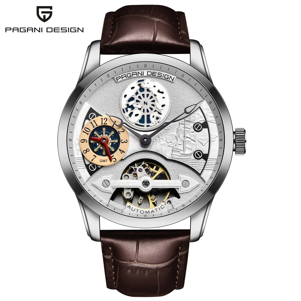 Мужские автоматические механические наручные часы PAGANI Дизайн Топ люксовый бренд Мужские часы водонепроницаемый кожаный ремешок стальные колеса циферблат часы - Цвет: Brown  silver