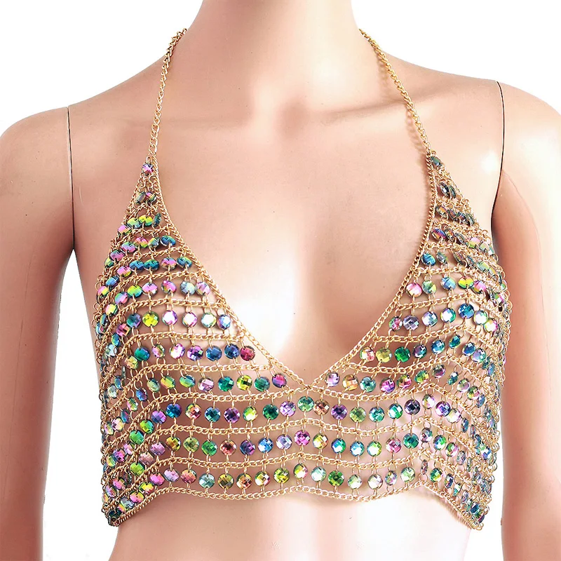 

Chran Gold Chain Lingerie Bralette Halter Top Beaded Sexy Bikini Beach Jewelry Festival Wear