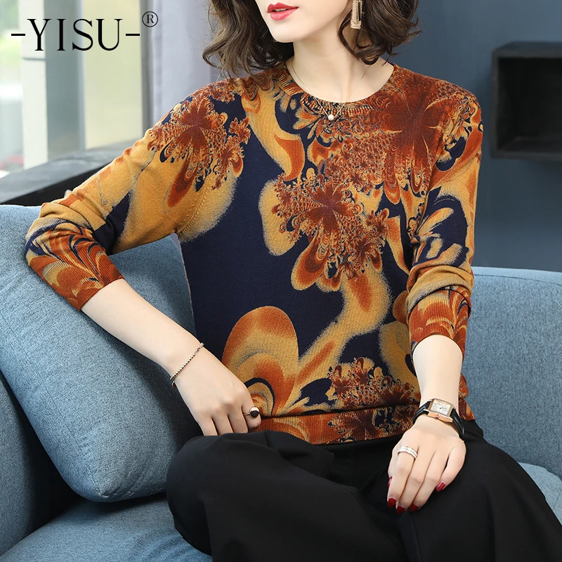 

YISU Sweaters Women 2019 Spring Autumn Women Oil painting style printing Sweaters Long Sleeves Fashion Pullovers soft Sweaters
