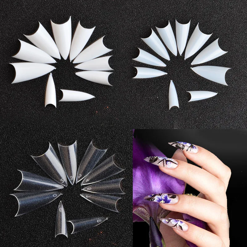 

500Pcs Full Sharp Ending Nails Tips French Acrylic Nails Stiletto False Nail Tips 10 Sizes for Nail Salons