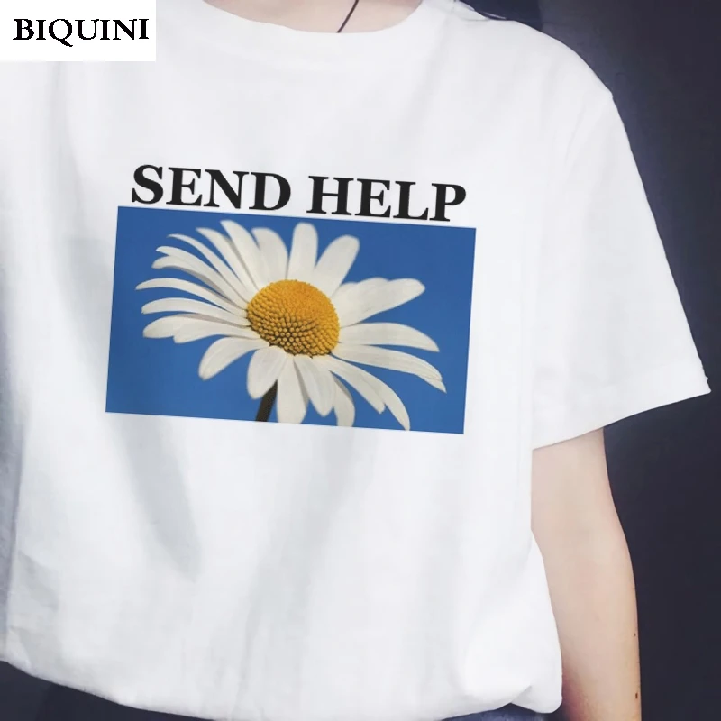 

Harajuku Japanese Style Tumblr T Shirt White T-shirt Women 2019 Streetwear Tops Send Help Daisy Flower Kawaii Female Shirt