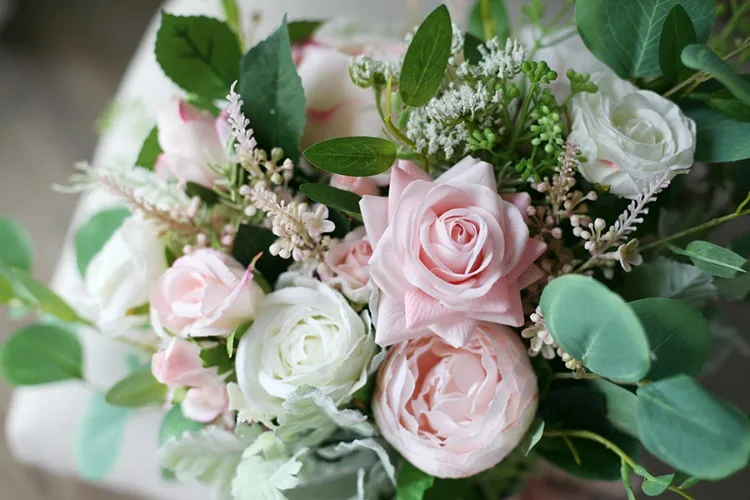 PEORCHID красивый розовый белый свадебный букет розы искусственный зеленый эвкалипт лист Свадебный букет реальные цветы букет