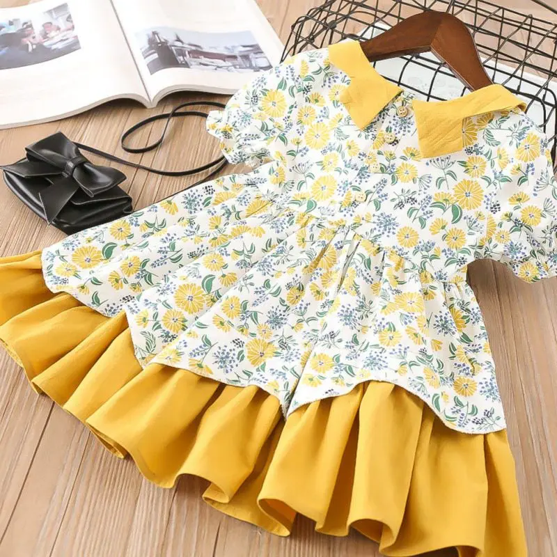 High Quality Summer Baby Girl Short Sleeve Flower Pattern Dress Cute Irregular Design Sundress Outfits Casual |
