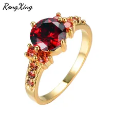 RongXing anillos redondos de piedra de nacimiento roja para mujeres, regalo de cumpleaños de enero, anillo de circonita roja rellena de oro amarillo de moda Vintage RY0106