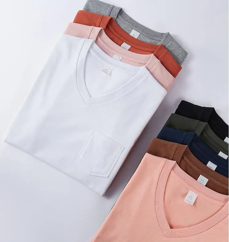 Весенние и летние хлопковые v-образным вырезом с коротким рукавом Мужская сплошной цвет мужские хлопчатобумажные футболки