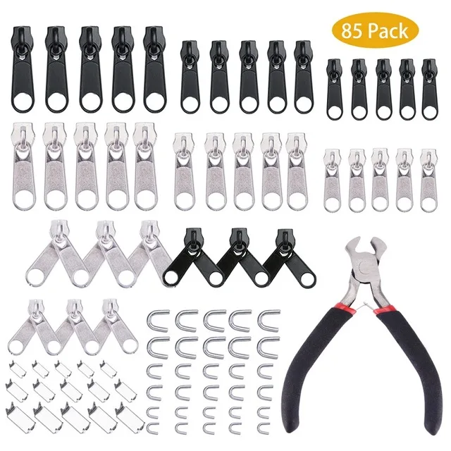 85pcs Zipper Repair Kit Zipper Sliders Install Pliers Tool Zippers Replacement Rescue Instant Repair Kit For Clothing Garment - Цвет: Zipper and Plier