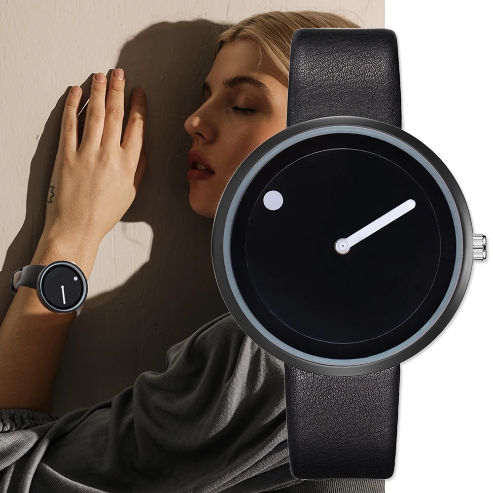 

Minimalist Style Leather Wristwatches Women Men Creative Black White Design Dot & Line Simple Face Quartz Watches Gift Clock