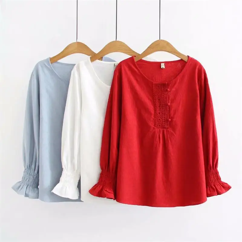 

Plus size black & red & blue Jacquard blouses women 2018 casual O-Neck long sleeve lace shirt Spring autumn cotton ladies tops