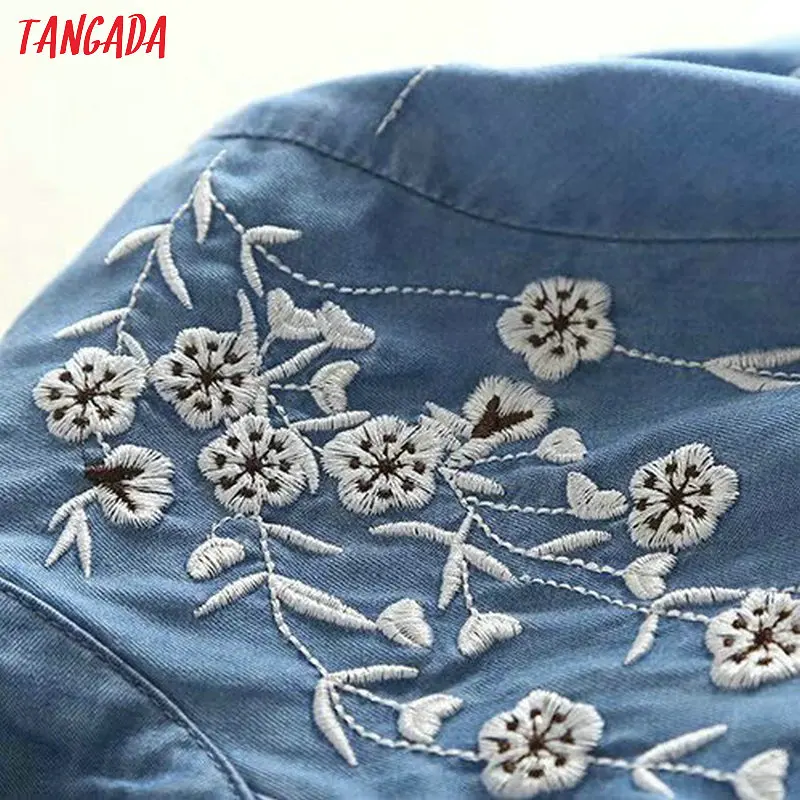 Tangada модное женское джинсовое платье с вышивкой, жемчужное платье с круглым вырезом и коротким рукавом, женское синее платье-рубашка с поясом, vestidos 2P09