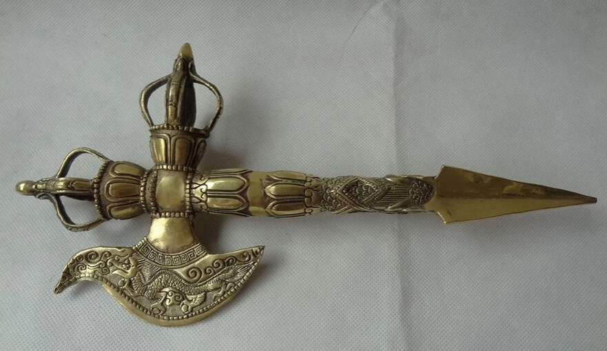 

song voge gem S2387 12" Tibet Brass Collect Buddhist Vajra Dragon Statue Talisman Phurba Dagger