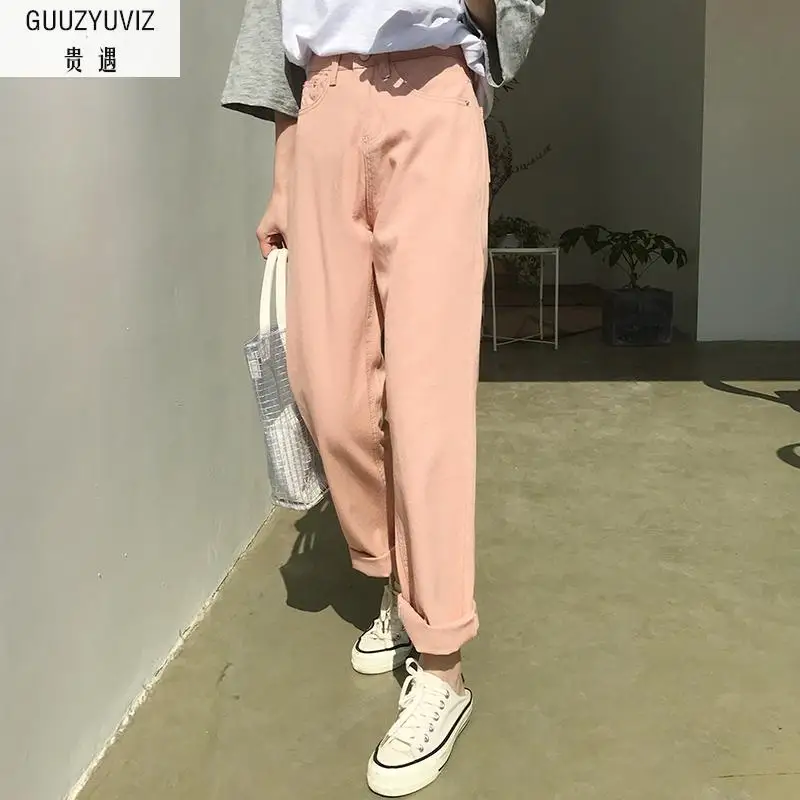 GUUZYUVIZ Black Pink Boyfriend Jeans For Women 2018 Casual Loose Vintage Wide Leg Pants Women Plus Size Chic Jeans Woman Summer
