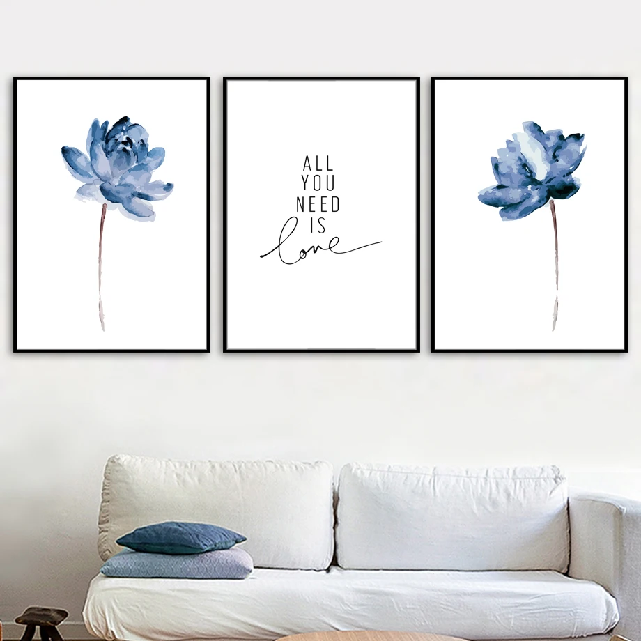 

Blue Lotus Flower Wall Art Canvas Painting Love Quotes Nordic Posters And Prints Watercolor Wall Pictures For Living Room Decor
