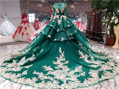 Элегантная одежда с длинным рукавом, детское кружевное платье бальное платье свадебное платье с вырезами класса люкс с отделкой апплике Арабская, Дубай свадебное платье с длинным шлейфом - Цвет: Green Long Train