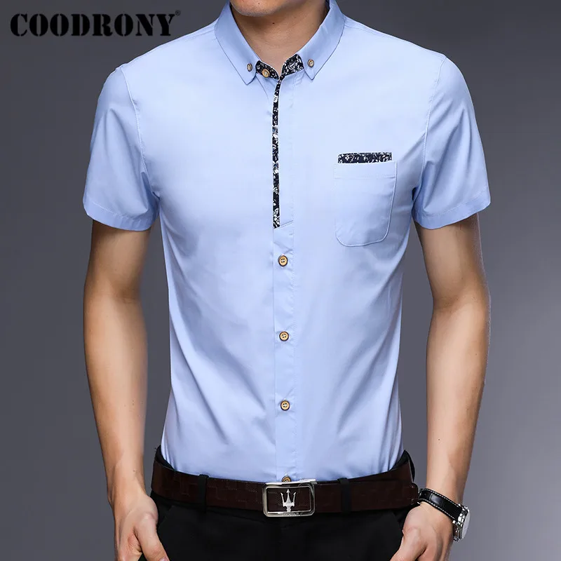 COODRONY, мужская рубашка с коротким рукавом и карманом, лето, крутая рубашка, Мужская брендовая одежда, деловые повседневные рубашки, Chemise Homme S96035 - Цвет: Небесно-голубой