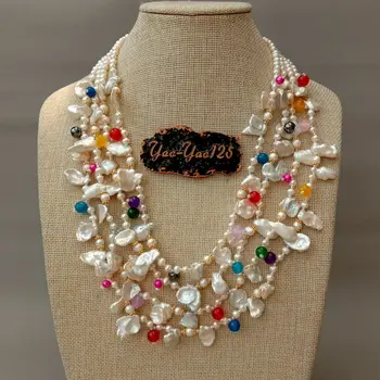 

21" 4 Strands Cultured White Keshi Pearl Multi Color Necklace