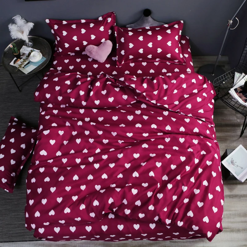  Home bedding 4pcs flat sheet set red heart bed linen set sheet pillowcase&duvet cover set Cute bird