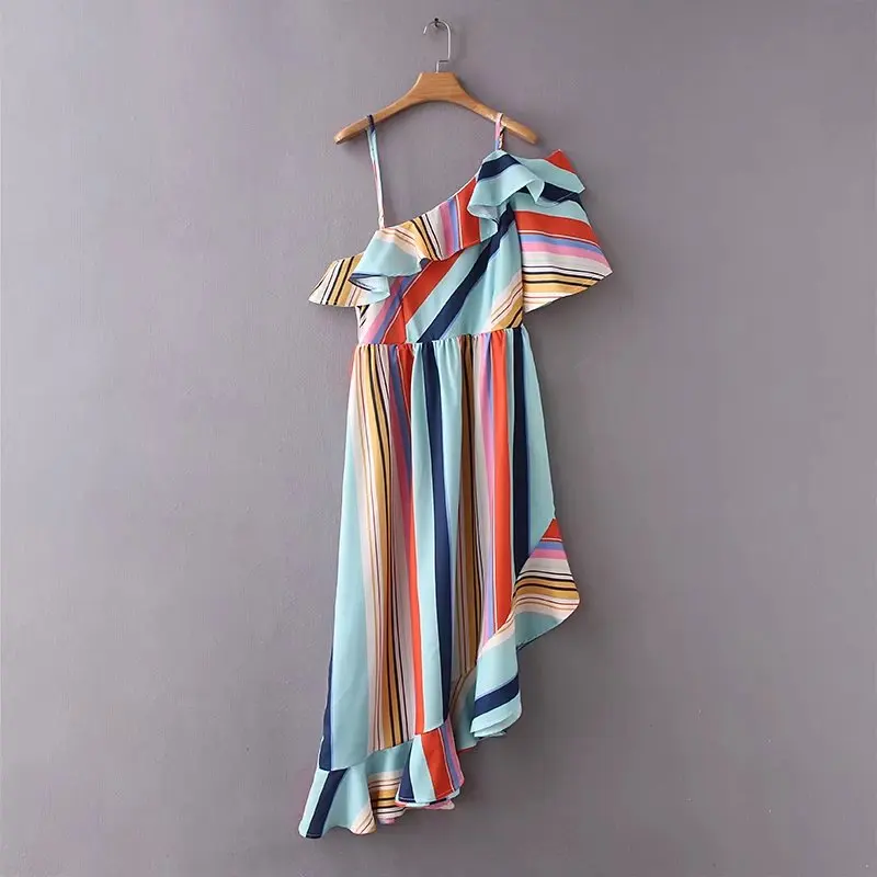 

2018 Summer women Color stripes Asymmetrical sexy Sling dress Casual One-Shoulder Ruffles dresses lady Clothing vestidos D1603