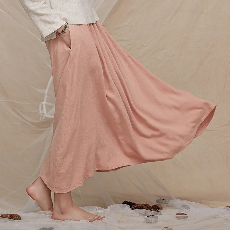 Новая женская Однотонная юбка элегантный один размер Женская повседневная юбка китайский винтажный хлопок лен консервативный стиль плиссированная юбка