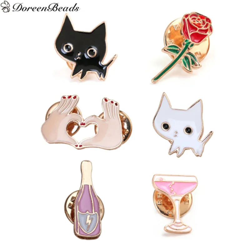 

DoreenBeads 2017 New Pin Brooches Rose Flower Cat Love Gesture Wine Bottle Cup Badges Brooch Pins for Women Sweater Coats 1 PC